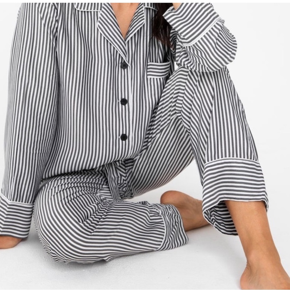 Ettitude Bamboo Sateen Pajama Shirt Size S Starlight Brown White Stripes NEW-